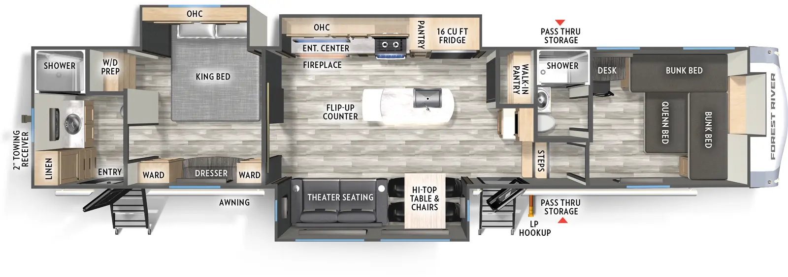 The 35FUN has three slideouts and two entries. Interior layout front to back: queen bed with bunk beds above on front and off-door side, desk, and off-door side full bathroom; steps down to main living area; coffee bar with overhead cabinet, and walk-in pantry along inner wall; door side entry and slideout with hi-top with chairs, and theater seating; off-door side slideout with refrigerator, pantry, kitchen counter with cooktop, overhead cabinet, and entertainment center with fireplace; kitchen island with sink; mid bedroom with off-door side king bed slideout with overhead cabinet, and wardrobe with washer/dryer prep; and door side dresser with wardrobes on each side; rear full bathroom with linen closet and second entry.